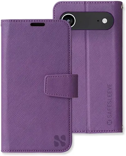 Miniatura 64 de SafeSleeve Funda de piel tipo cartera desmontable para iPhone 14 con bloqueador EMF para teléfono celular con 3 tarjeteros y soporte ajustable