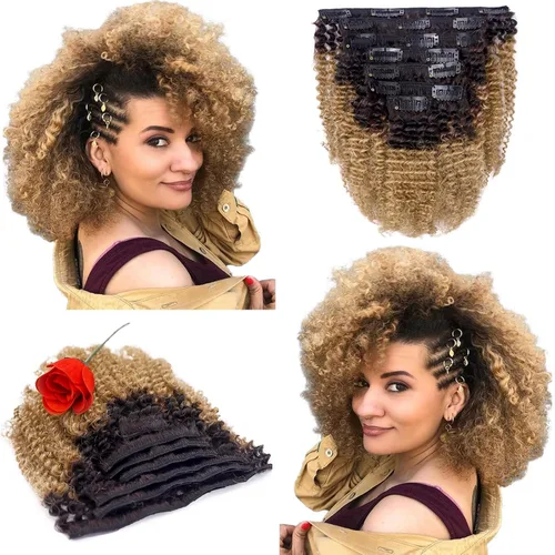 Miniatura 11 de Anrosa Extensiones de cabello rizado con clip, cabello humano 3C 4A afro rizado con clip, cabello natural, remy real, extensiones de cabello humano