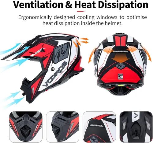Miniatura 6 de VCOROS H637 - Cascos de motocross para adultos, ATV, Dirtbike, BMX, MX, todoterreno, aventura, UTV, con certificación DOT