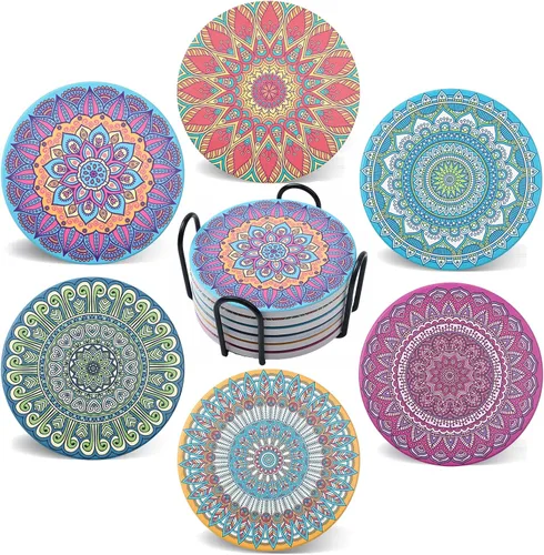 Miniatura 15 de Juego de 6 posavasos de café para bebidas con soporte, posavasos de madera de corcho absorbente para escritorio, mesa de oficina, decoración