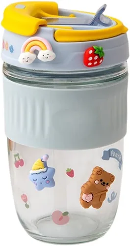 Taza de viaje Kawaii con calcomanías 3D, doble modo de beber con pajilla, taza de viaje portátil a prueba de derrames con asa para café, té, leche,