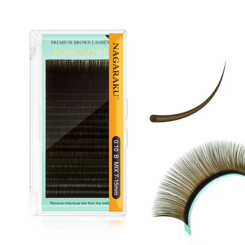 Miniatura 47 de NAGARAKU Extensiones de pestañas de color marrón oscuro 0.003 in, rizo B, 0.276-0.591 in, bandeja mixta, pestañas individuales, volumen de visón