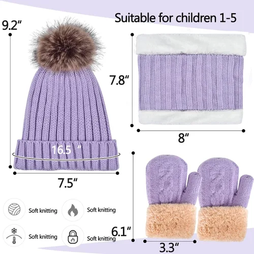 Miniatura 6 de Conjunto de bufanda y guantes de punto de invierno para niños y niñas con pompón