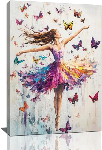 Miniatura 12 de Olivine Arte de Pared de Bailarina, Imágenes de Ballet de Mariposa Decoración de Pared, Impresiones Coloridas en Lienzo de Bailarina, Pintura