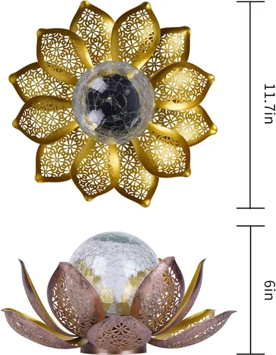Miniatura 9 de DUSVALLY Luz solar de jardín flor de loto con globo de cristal agrietado, lámpara decorativa de metal para exteriores, luz LED impermeable