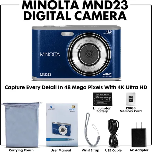 Miniatura 2 de Minolta Cámara digital de 48 MP con lente trasera para selfie, video 4K Ultra HD, pantalla LCD de 2.8 pulgadas, zoom digital 16X, enfoque Azul