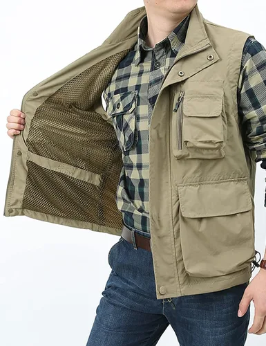 Miniatura 5 de Gihuo Chaleco utilitario para hombre, versátil, para verano, trabajo, safari, pesca, chaleco de carga con múltiples bolsillos