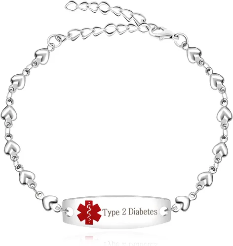 Miniatura 11 de Pulsera de símbolo médico de plata grabada con láser, alerta de salud grabada en forma de corazón, adecuada para primeros auxilios de emergencia