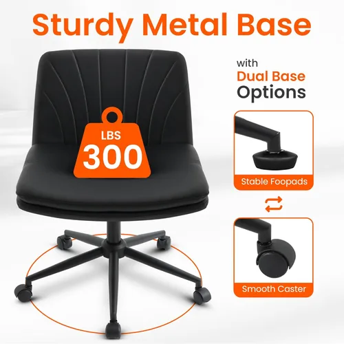 Miniatura 4 de Orange Factory Silla Criss Cross con Ruedas Silla de Escritorio de Tocador Ancha y Cómoda Base Dual de Cuero sin Brazos Ajustable Giratoria