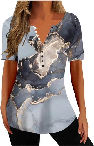 Miniatura 92 de Summer Shirts for Women 2025 Plus Size Short Sleeve Henley Tops Marble Floral Loose Tshirt Tee Casual Dressy Tunics