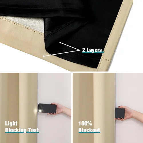 Miniatura 4 de ChrisDowa - Cortinas 100% opacas, para dormitorio, con forro negro, 2 capas gruesas, aislamiento térmico y ojales, largas, juego de 2 unidades Beige