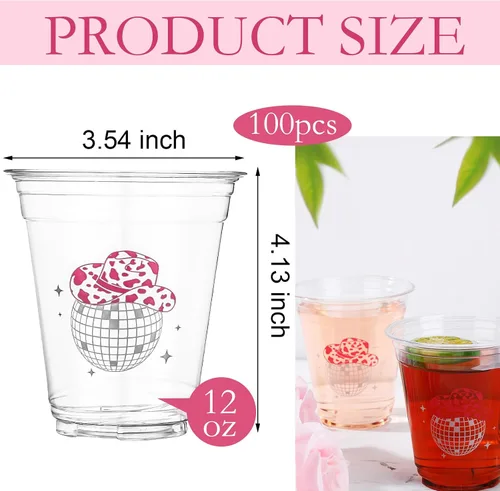 Miniatura 2 de Sliner 100 tazas de plástico de discoteca vaquera negra y rosa para decoración de despedida de soltera, 12 onzas, vasos desechables de bola
