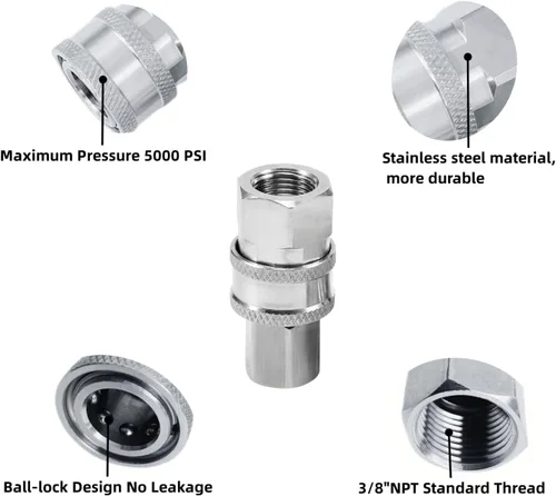 Miniatura 4 de Accesorios de conexión rápida para lavadora a presión, pistola rociadora de acero inoxidable NPT de 3/8 pulgadas, kit de desconexión rápida