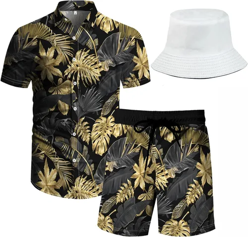 RPOVIG Conjunto de 2 piezas con sombrero de pescador para hombre, camisa a juego, pantalones cortos hawaianos para festivales florales