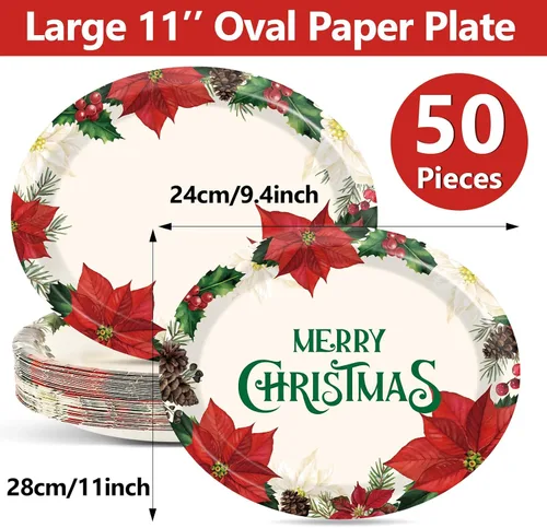 Miniatura 2 de 50 PCS Platos de Papel Ovalados de Navidad Grandes de 11" Desechables Tema de Flor de Pascua Decoraciones de Fiesta Suministros Florales de Invierno