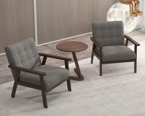 Miniatura 13 de Silla decorativa moderna con reposabrazos, silla de ocio tapizada de tela de lino con botón de respaldo y marco de madera para sala de estar, Beige