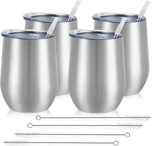 Miniatura 29 de Paquete de 12 vasos de vino de acero inoxidable, 12 onzas, doble pared, aislados al vacío, con tapas y pajitas, copas de vino sin tallo de acero Oro