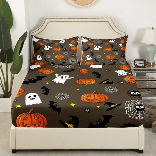 Miniatura 3 de Erosebridal Sábana bajera ajustable con temática de Halloween para niños y niñas, sábanas de linterna de calabaza, sábanas de estrellas góticas