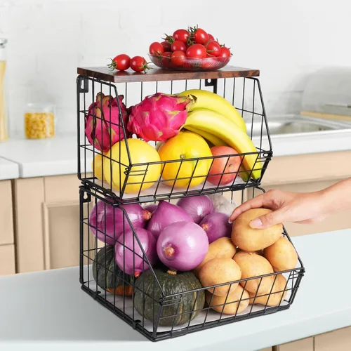 Miniatura 11 de Wawocs Tazón de frutas de 2 niveles, cesta de frutas para encimera de cocina, cesta apilable, cesta colgante montada en la pared, cestas de alambre