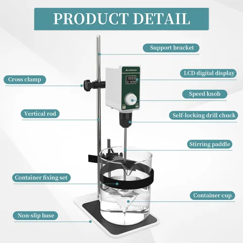 Miniatura 7 de Agitador digital OS-15S de 20 L (H₂O) para laboratorio, soporte de acero inoxidable con base en H y 1 paleta de agitación 100-1500RPM, 20000 mPas