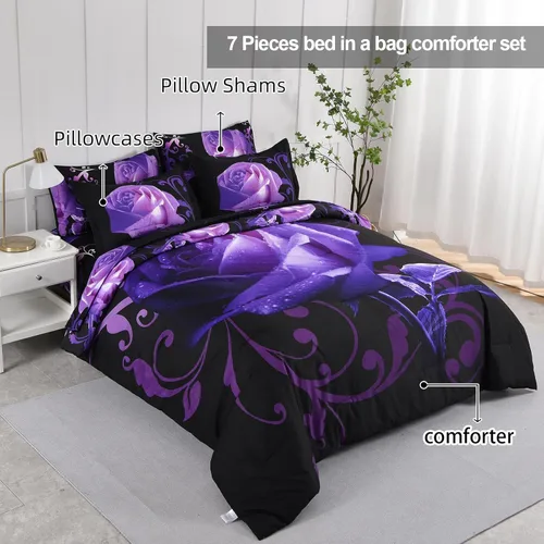 Miniatura 3 de Xruibed Juego de edredón floral tamaño King de 7 piezas en una bolsa, edredón de flores de rosas moradas con juego de sábanas de microfibra suave