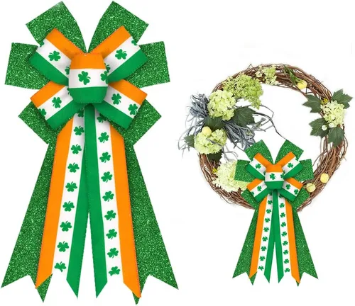 Miniatura 6 de Estivaux Arcos grandes del día de San Patricio para corona, lazos de corona de trébol irlandés, lazos de hojas de trébol verde, lazos de arpillera