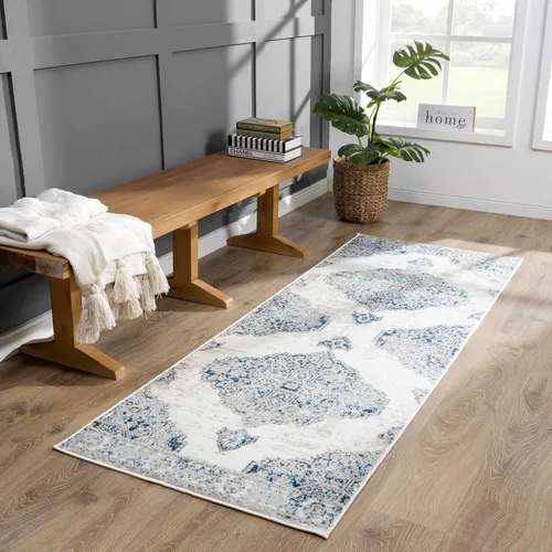 Hauteloom Monaco Collection - Alfombra de pasillo oriental para cocina, aspecto tradicional, envejecida, color azul, crema, beige, gris, 2 pies 7