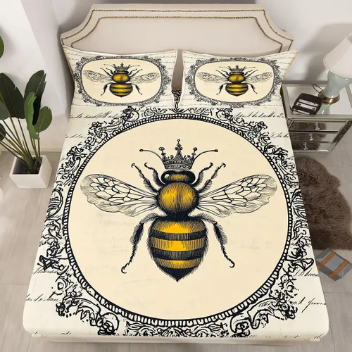 Miniatura 12 de Erosebridal Honey Bee - Juego de sábanas bajeras negras y doradas, tamaño individual, diseño geométrico de panal de abeja para niños y niñas, funda
