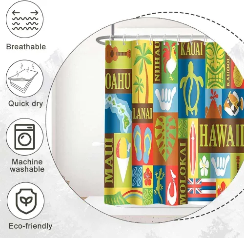 Miniatura 4 de Cortina de ducha hawaiana, retro hawaiano exótico Tiki cortinas de ducha de baño, juego de cortinas de baño con temática tropical Aloha con 6