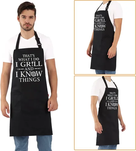 Miniatura 8 de Divertidos delantales de parrilla para hombres, delantal de cocina para barbacoa con 2 bolsillos, correa ajustable para el cuello y lazos de 40