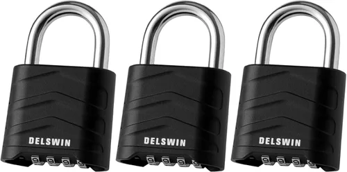 DELSWIN Paquete de 3 candados de combinación grande, 4 dígitos reiniciables con grillete de acero endurecido, cuerpo de aluminio de seguridad,