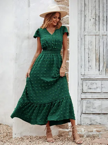 Miniatura 3 de PRETTYGARDEN - Vestido bohemio de manga corta con cuello en V y plumetí con volantes, vestido maxi fruncido de cóctel