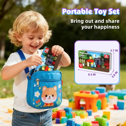 Miniatura 5 de GraceDuck Bloques magnéticos con caja de hierro, 45 bloques de construcción magnéticos de viaje, juego educativo STEM de construcción para niños a