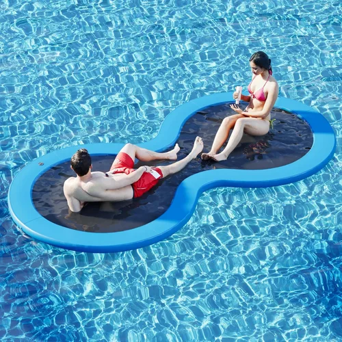 Miniatura 23 de 6-12FT Round Inflatable Floating Dock, Sunchill Float Ring, Water Hammock Tanning Pool Floats with Woven Fabric, Manual Pump for Quick Azul
