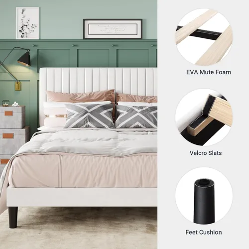 Miniatura 5 de Allewie Base de cama tamaño matrimonial, cama de plataforma tapizada de terciopelo con cabecera capitoné de canal vertical ajustable, base de Blanco