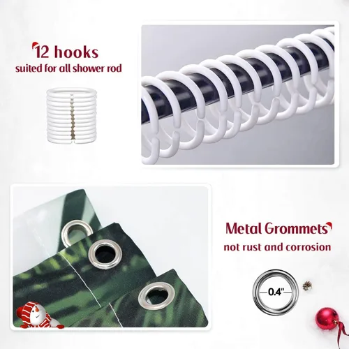 Miniatura 5 de BROSHAN Cortina de ducha de baño de Navidad, juego de cortinas de ducha de Navidad de tela con patrón de adornos verdes y rojos, decoración de baño
