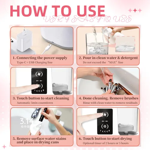 Miniatura 6 de Máquina limpiadora de brochas de maquillaje eléctrica con secado automático, limpiador de brochas portátil para pieles sensibles, pinceles