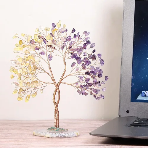 Miniatura 3 de TUMBEELLUWA Amatista + piedra de cristal citrino árbol de dinero con base de ágata hecha a mano Feng Shui Bonsái árbol de decoración de árbol