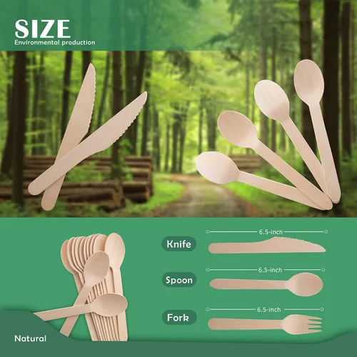 Miniatura 6 de Tenedores de madera desechables, paquete de 100 unidades, 6.5 pulgadas de longitud, biodegradables, utensilios de madera natural, ideales