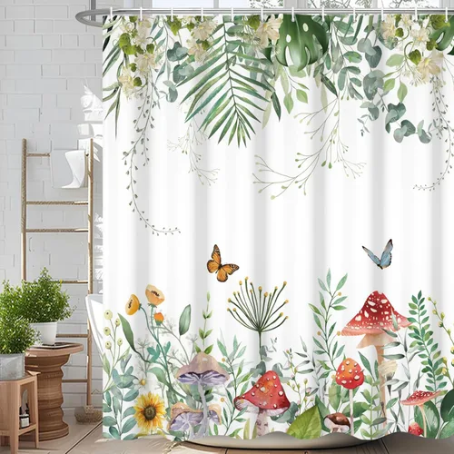 Miniatura 11 de Cortina de ducha de eucalipto verde salvia Velaequezii con plantas de acuarela, hojas botánicas de primavera impresas, cortina de baño impermeable