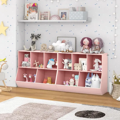 Miniatura 2 de Costzon Organizadores de juguetes y almacenamiento con estantería, estante de madera para libros infantiles de 5 cubículos, gabinete de Rosado