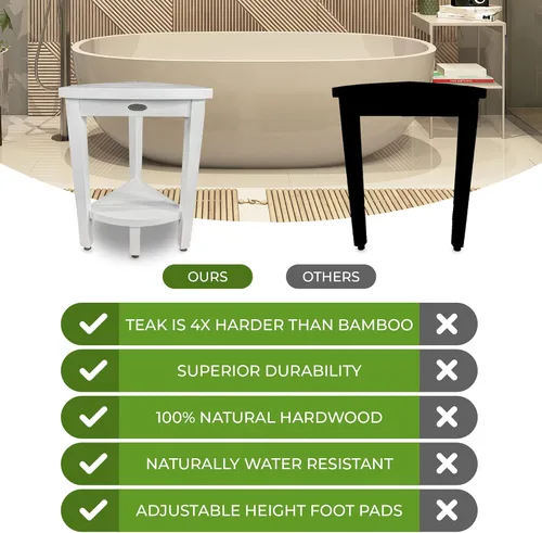 Miniatura 6 de CoastalVogue Snazzy - Banco esquinero de madera de teca con estante esquinero de 15 pulgadas de ancho con acabado blanco antiguo