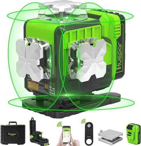 Huepar Nivel láser autonivelante de 12V 4x360 con Bluetooth y control remoto, láser de línea cruzada verde 4D, herramienta niveladora láser de 16
