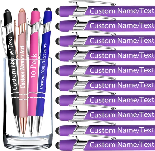 Miniatura 31 de Bolígrafos personalizados con nombre, paquete de 10 bolígrafos personalizados a granel, bolígrafo de tinta negra grabada con punta de lápiz óptico