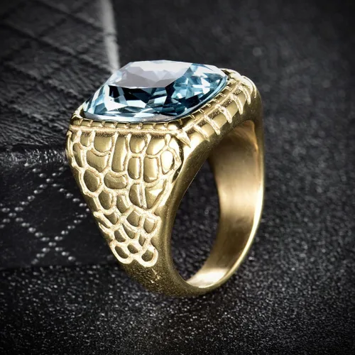 Miniatura 4 de Anillo grabado de acero inoxidable, color dorado, zirconia cúbica, aguamarina, azul sintético, de lujo, para hombre, de MASOP