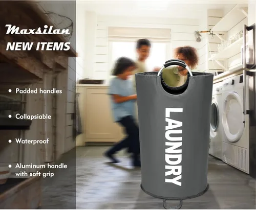 Miniatura 2 de Maxsilan - Cesta de lavandería grande de 90 l, cesta de ropa independiente y alta, bolsa de lavandería plegable, color gris oscuro