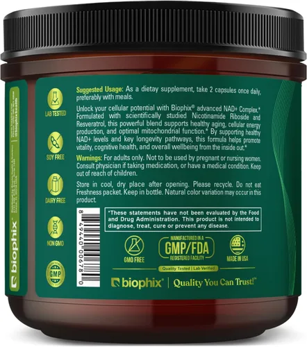 Miniatura 9 de biophix Suplemento liposomal NAD+ para mujeres y hombres, 1000 mg por porción, ribósido de nicotinamida, resveratrol micronizado y complejo