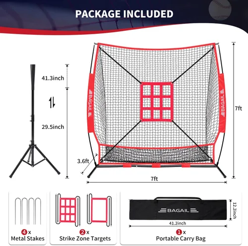 Miniatura 3 de BAGAIL Red de práctica de béisbol y sóftbol de 7 x 7 pies con marco de arco para bateo, golpeo, lanzamiento, equipo de entrenamiento de respaldo Rojo