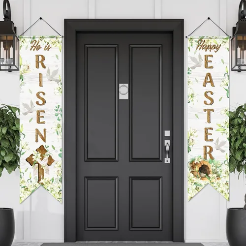Outus Cartel de feliz Pascua para porche con texto en inglés «He Is Risen» para puerta delantera, decoración de pared para colgar en la pared, fondo
