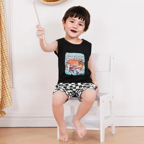 Miniatura 11 de Ropa de bebé niño sin mangas + pantalones cortos con estampado a rayas con bolsillos, 2 piezas de trajes de verano
